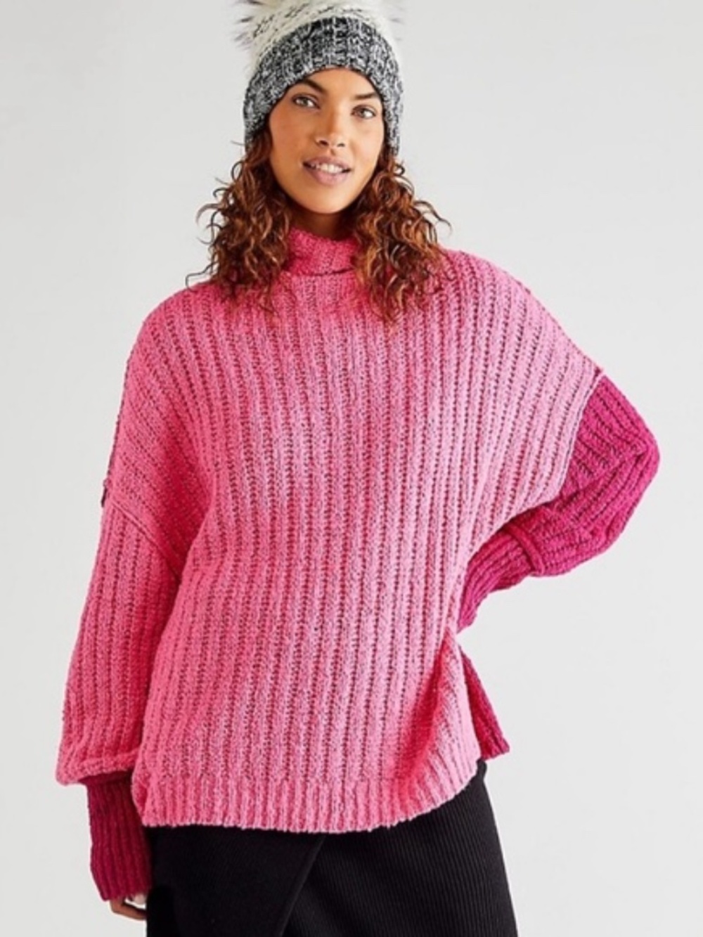 We The Free Ella Chunky Knit Pink Color-bloc Oversized Tunic Sweater Size Medium